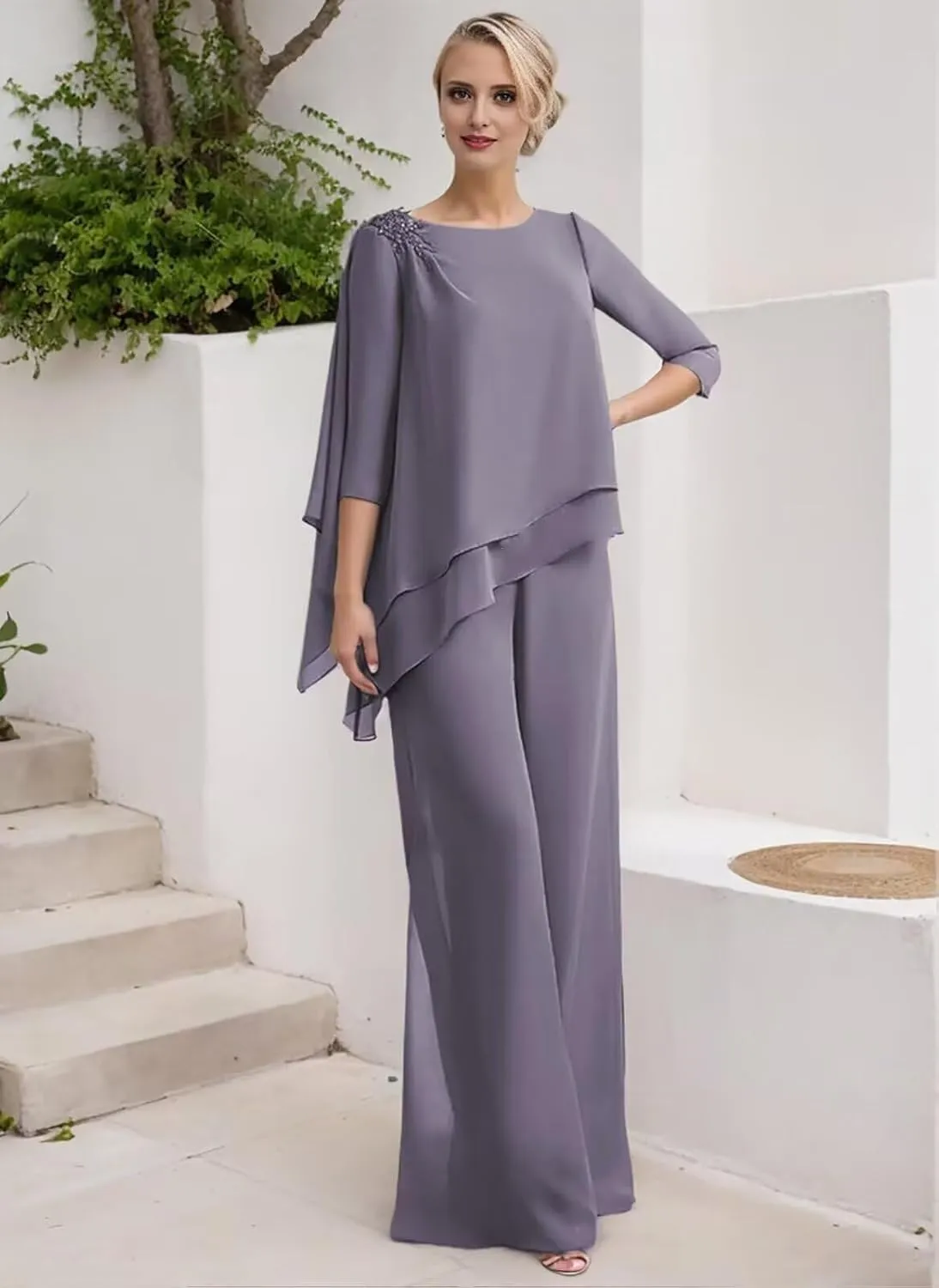 3/4 Sleeves Mother of The Bride Pant Suits for Wedding Lace Appliques Chiffon Long Formal Outfit Sets JH006