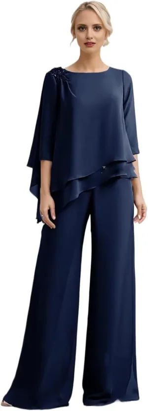 3/4 Sleeves Mother of The Bride Pant Suits for Wedding Lace Appliques Chiffon Long Formal Outfit Sets JH006