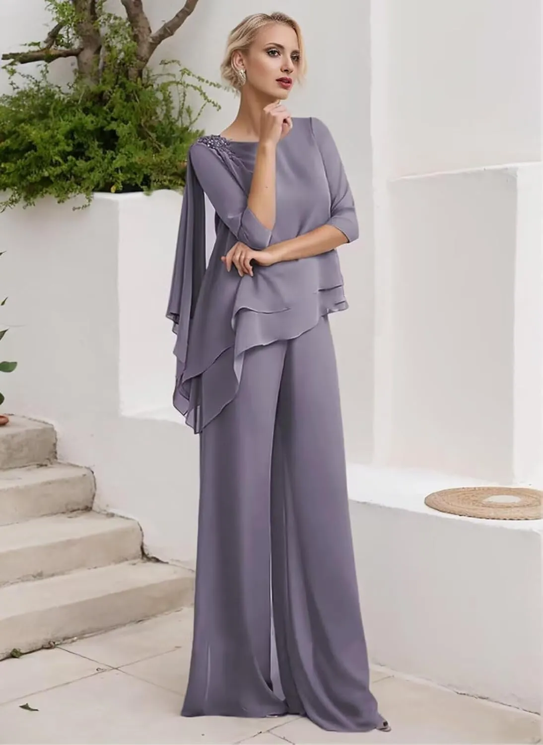 3/4 Sleeves Mother of The Bride Pant Suits for Wedding Lace Appliques Chiffon Long Formal Outfit Sets JH006