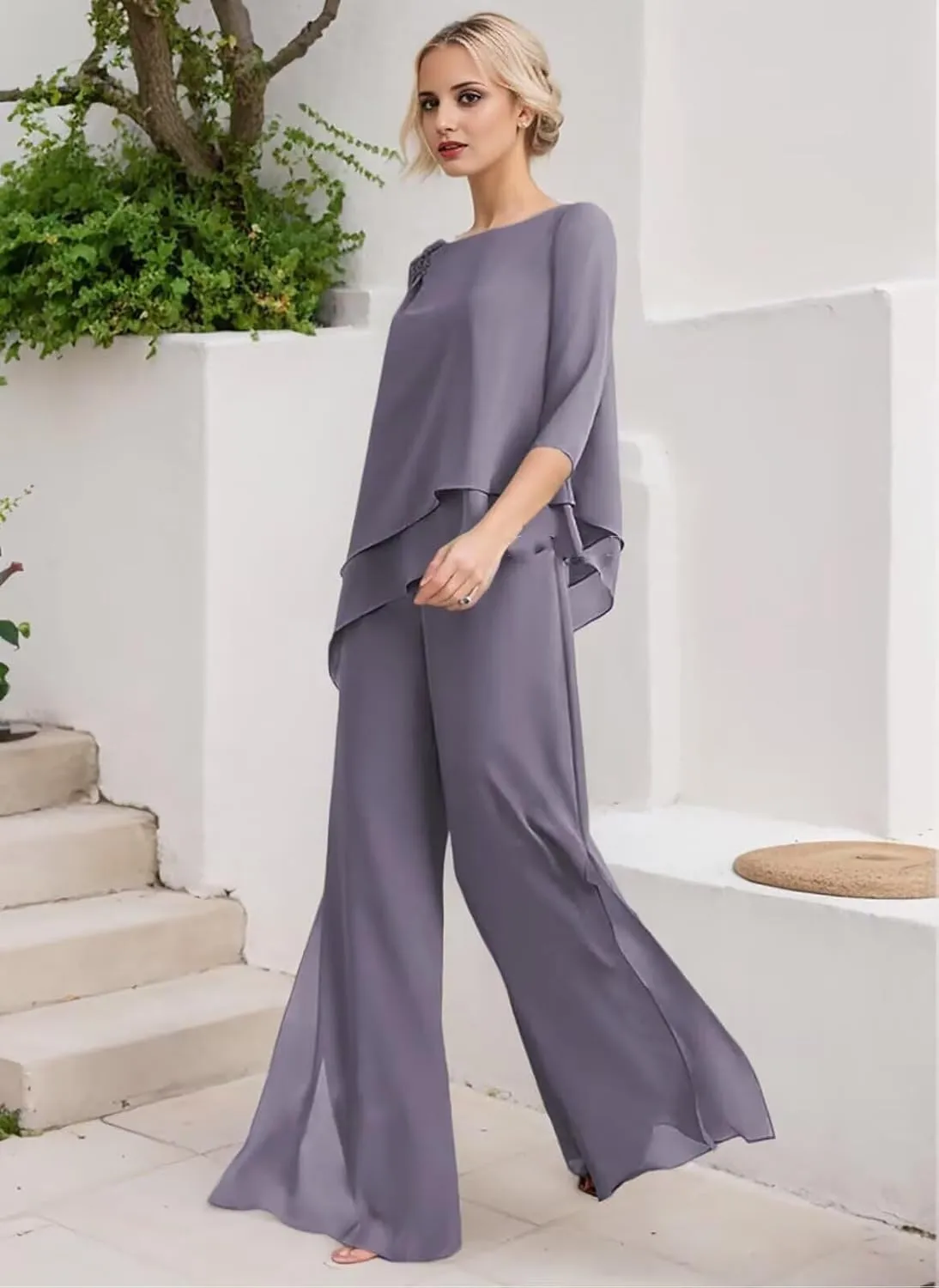 3/4 Sleeves Mother of The Bride Pant Suits for Wedding Lace Appliques Chiffon Long Formal Outfit Sets JH006