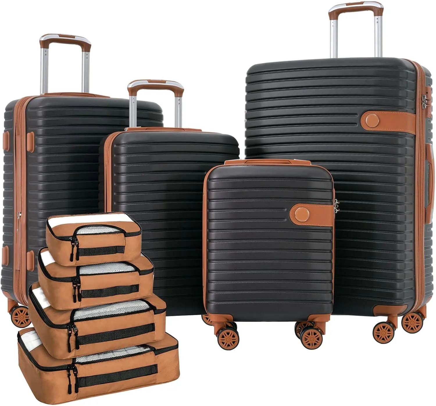 4 Piece Luggage Set with Spinner Wheels, Lightweight Expandable Suitcases and Packing Cubes, Coffee Color