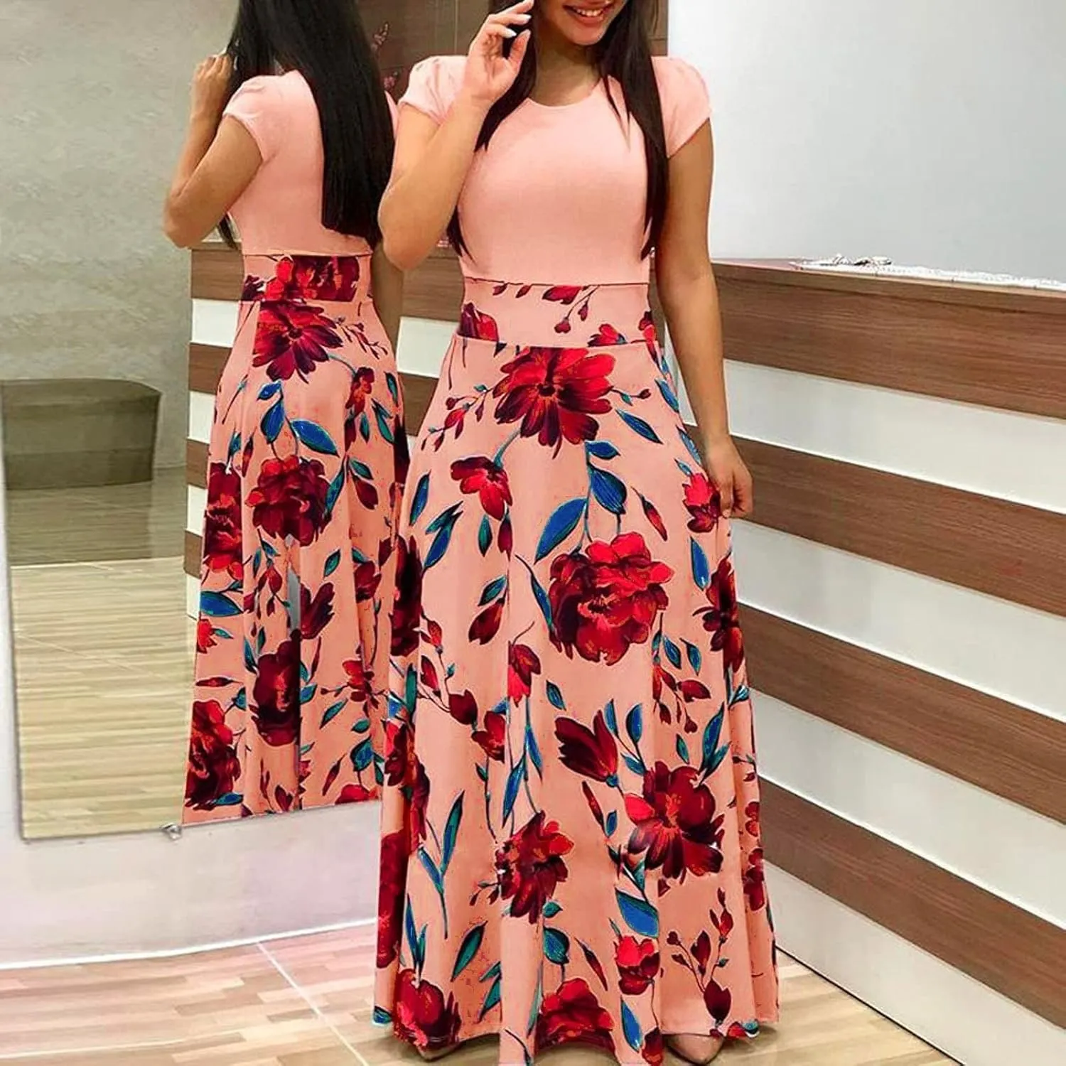 ADHOWBEW Womens Short Sleeve Empire Waist Floral Maxi Dress 2023 Summer Fashion Casual Plus Size Sundresses