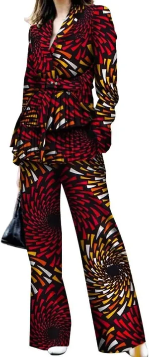 African Print Business Women Blazer and Wide Leg Pant 2pcs