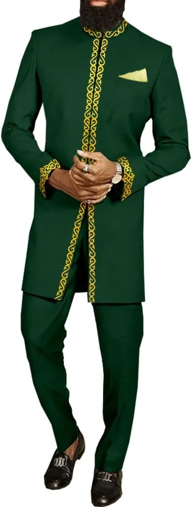 African Suit for Men Jacket and Trousers 2 Piece Set Dashiki Blazer with Kerchief Bazin Riche Kaftan Wedding Evening