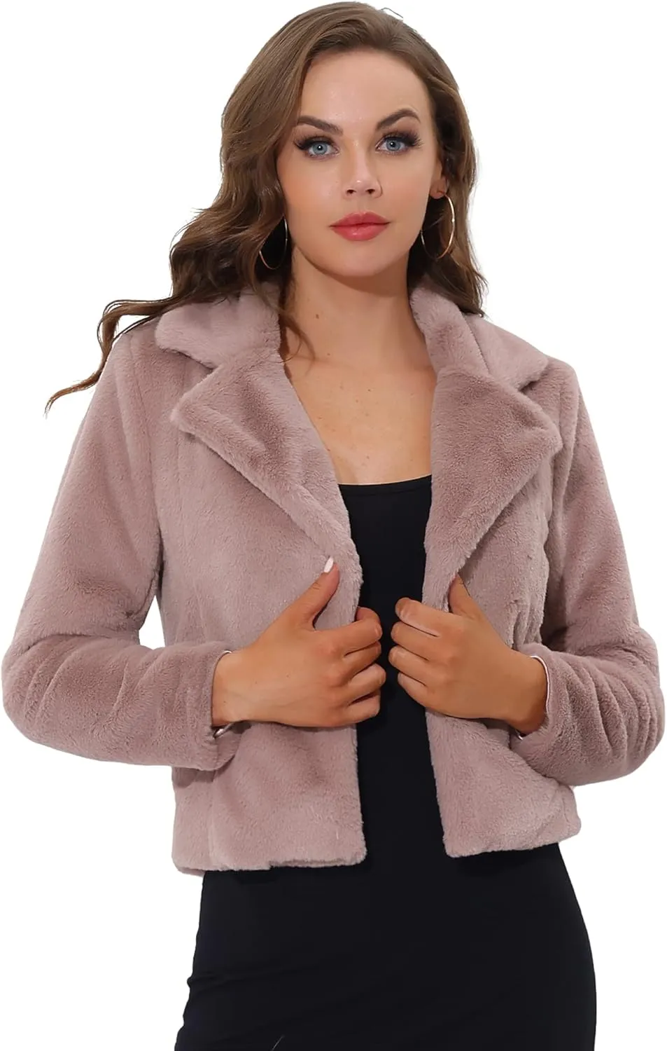 Allegra K Women's Cropped Faux Fur Jacket Lapel Cardigan Shrug 2024 Winter Fluffy Faux Fur Coat