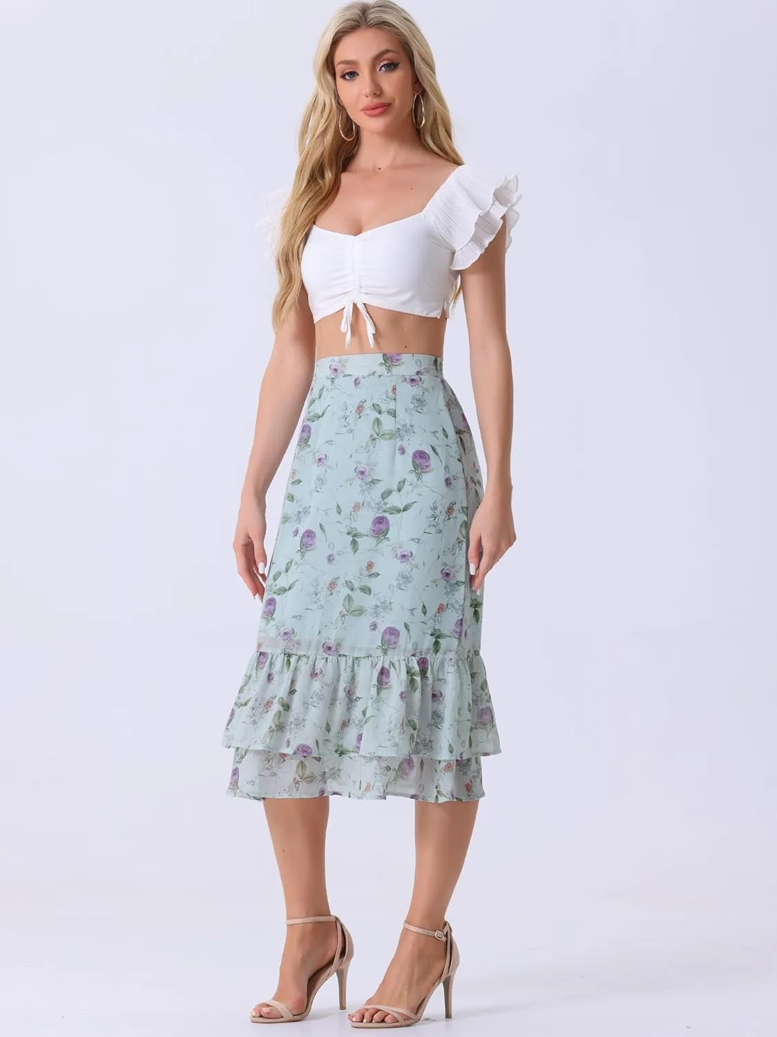 Allegra K Women's Printed Skirt 2025 Trendy Spring Summer Chiffon Elastic Ruffle Tiered Flowy Midi Skirts