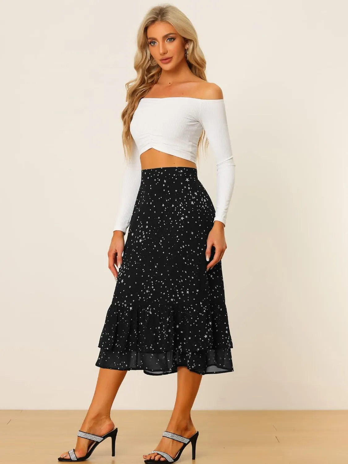Allegra K Women's Printed Skirt 2025 Trendy Spring Summer Chiffon Elastic Ruffle Tiered Flowy Midi Skirts