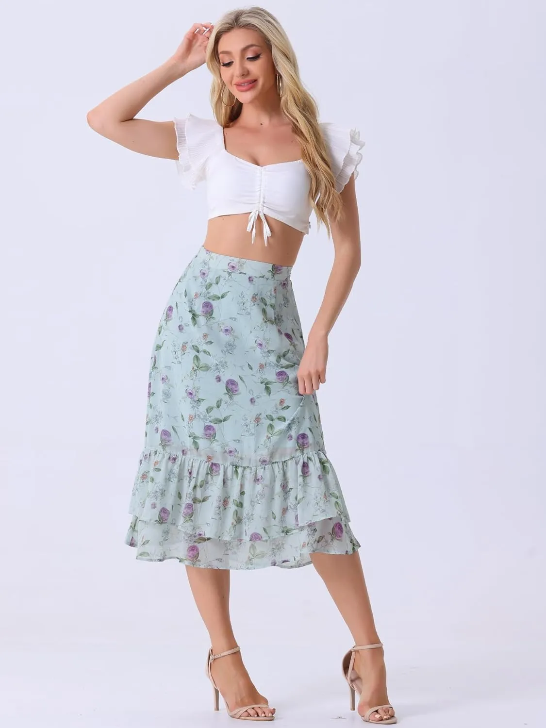 Allegra K Women's Printed Skirt 2025 Trendy Spring Summer Chiffon Elastic Ruffle Tiered Flowy Midi Skirts