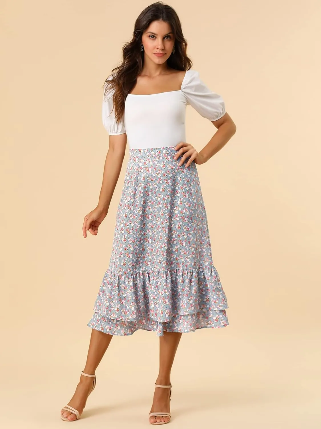 Allegra K Women's Printed Skirt 2025 Trendy Spring Summer Chiffon Elastic Ruffle Tiered Flowy Midi Skirts