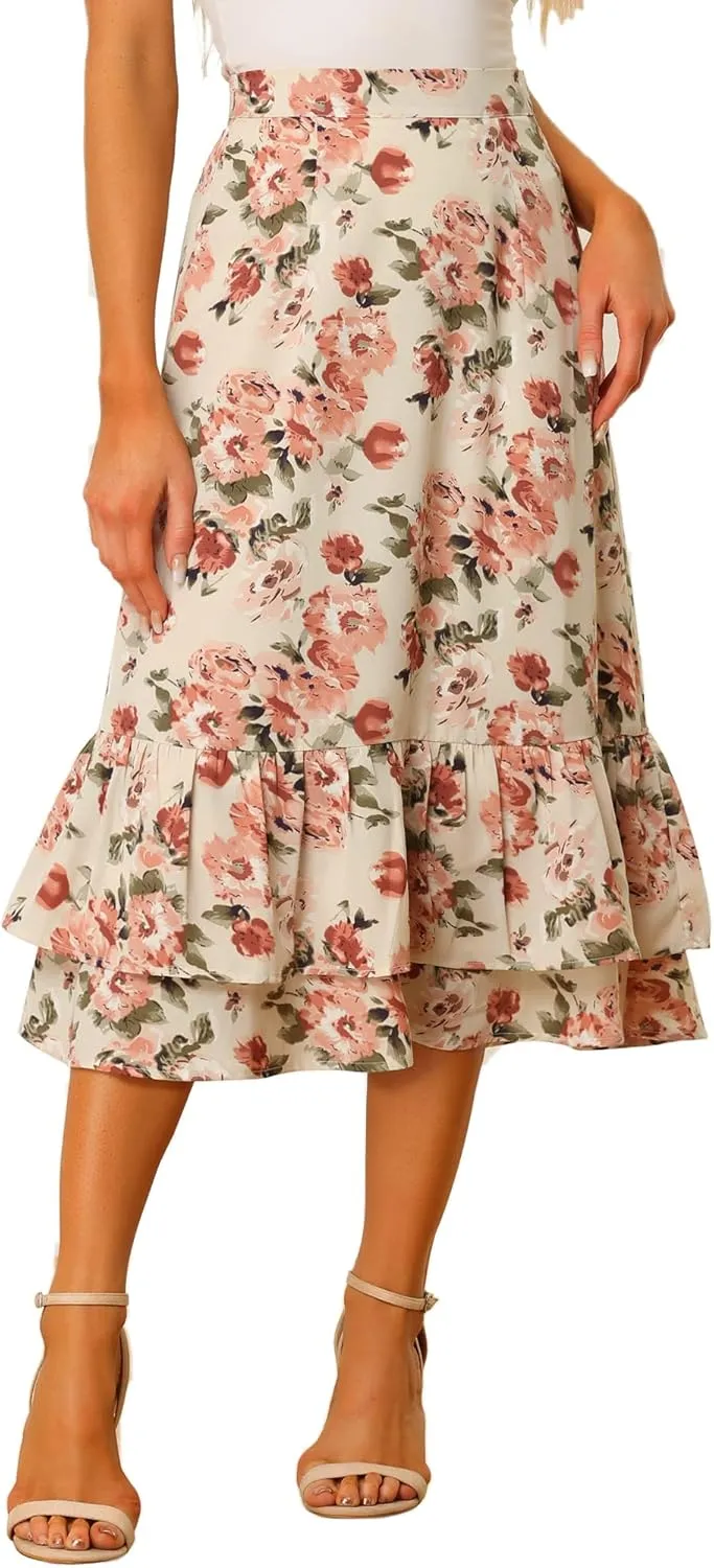 Allegra K Women's Printed Skirt 2025 Trendy Spring Summer Chiffon Elastic Ruffle Tiered Flowy Midi Skirts