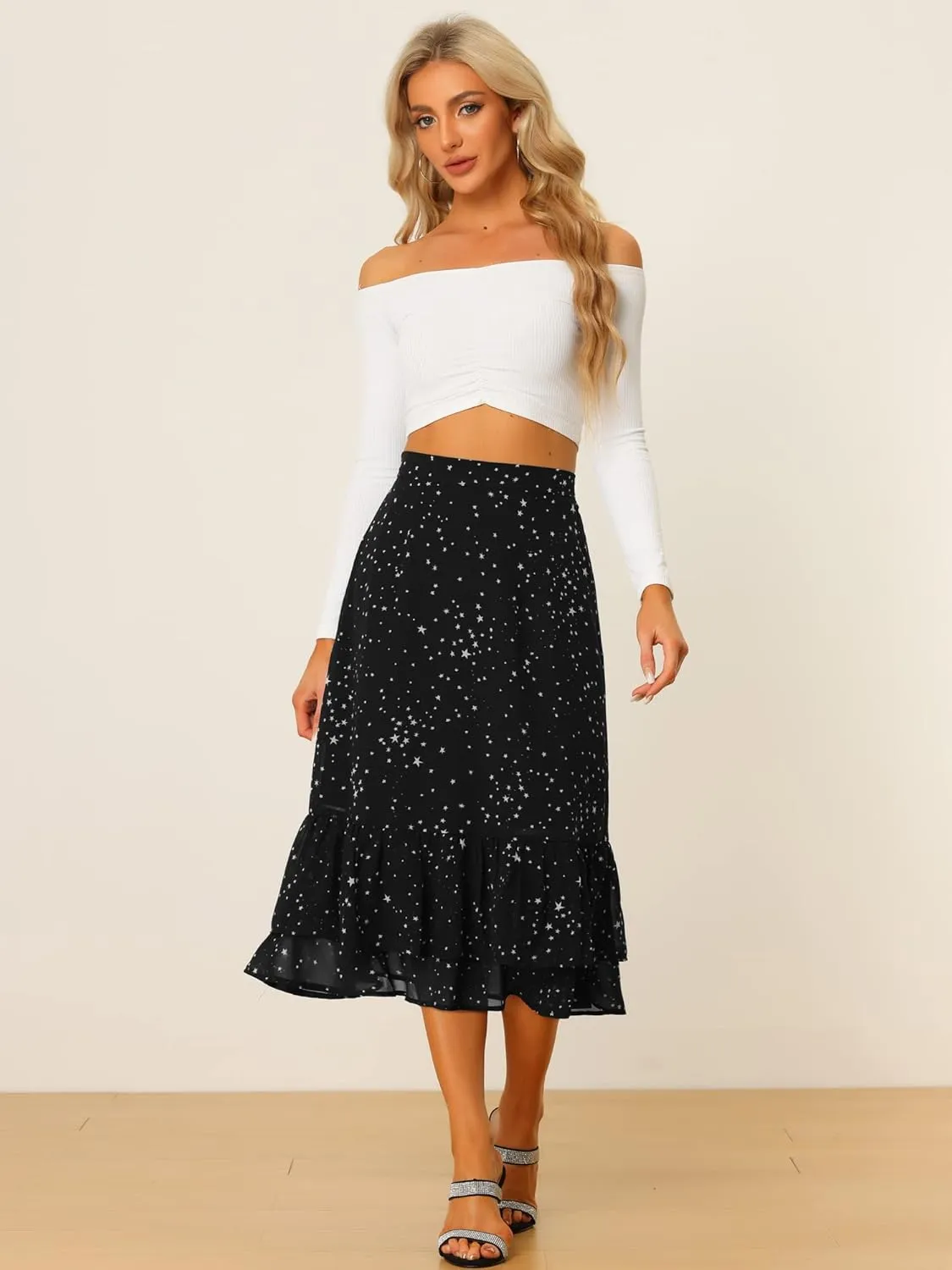 Allegra K Women's Printed Skirt 2025 Trendy Spring Summer Chiffon Elastic Ruffle Tiered Flowy Midi Skirts