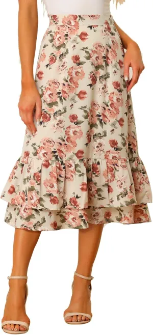 Allegra K Women's Printed Skirt 2025 Trendy Spring Summer Chiffon Elastic Ruffle Tiered Flowy Midi Skirts