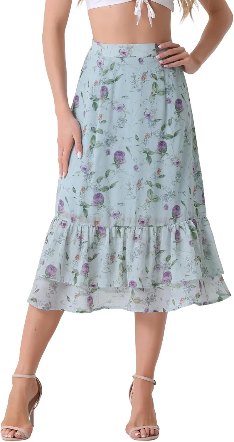 Allegra K Women's Printed Skirt 2025 Trendy Spring Summer Chiffon Elastic Ruffle Tiered Flowy Midi Skirts