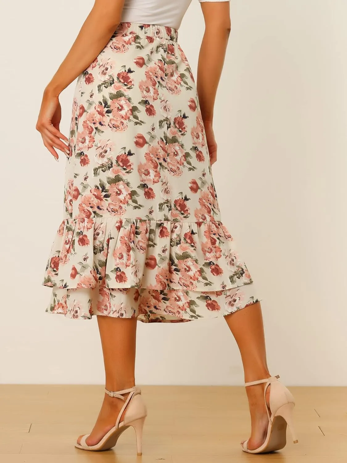 Allegra K Women's Printed Skirt 2025 Trendy Spring Summer Chiffon Elastic Ruffle Tiered Flowy Midi Skirts