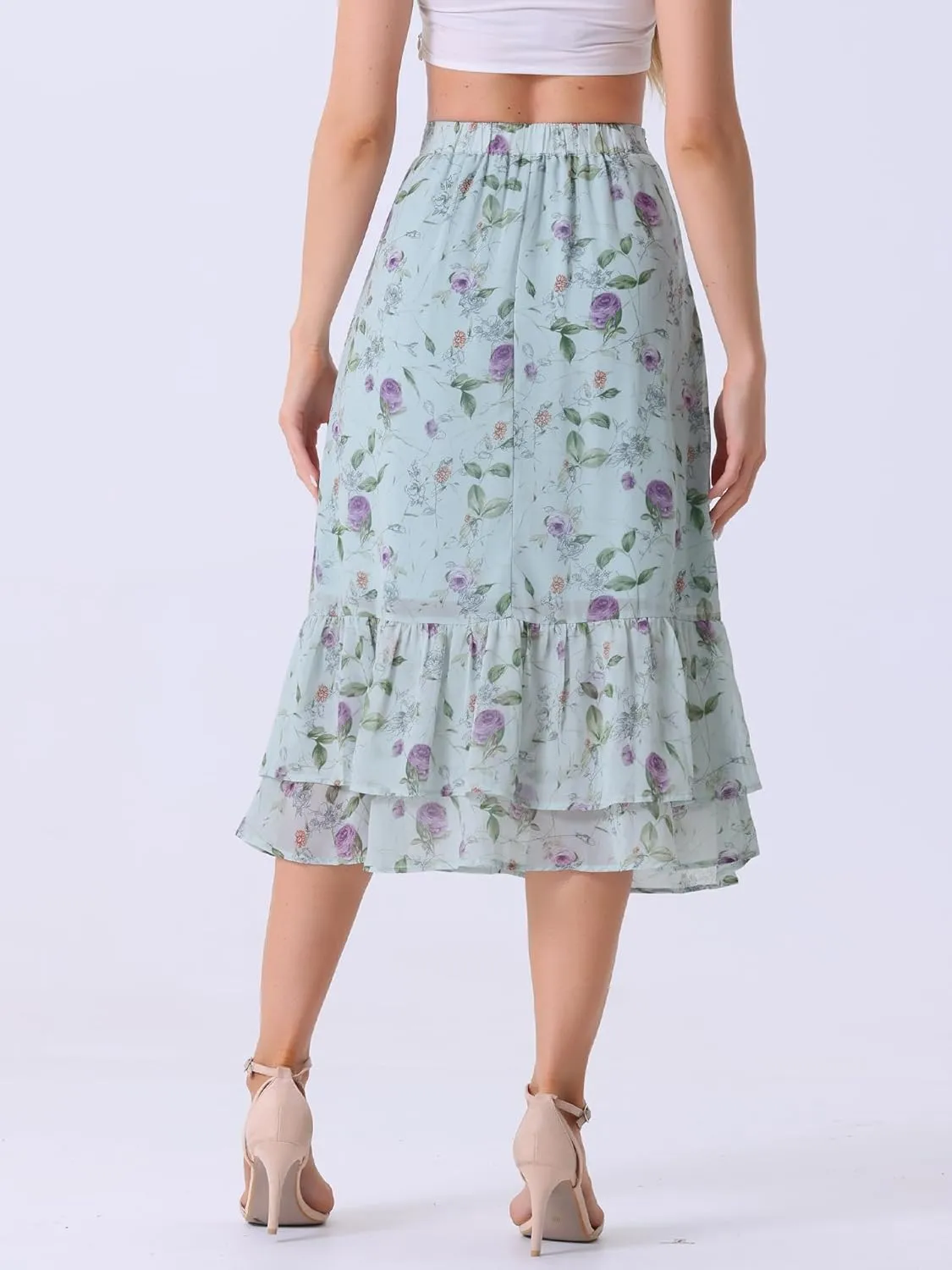 Allegra K Women's Printed Skirt 2025 Trendy Spring Summer Chiffon Elastic Ruffle Tiered Flowy Midi Skirts
