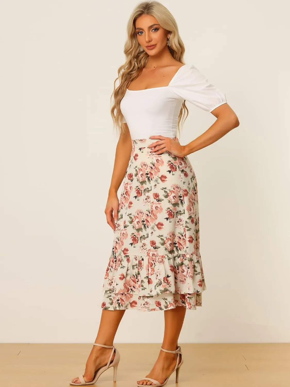Allegra K Women's Printed Skirt 2025 Trendy Spring Summer Chiffon Elastic Ruffle Tiered Flowy Midi Skirts