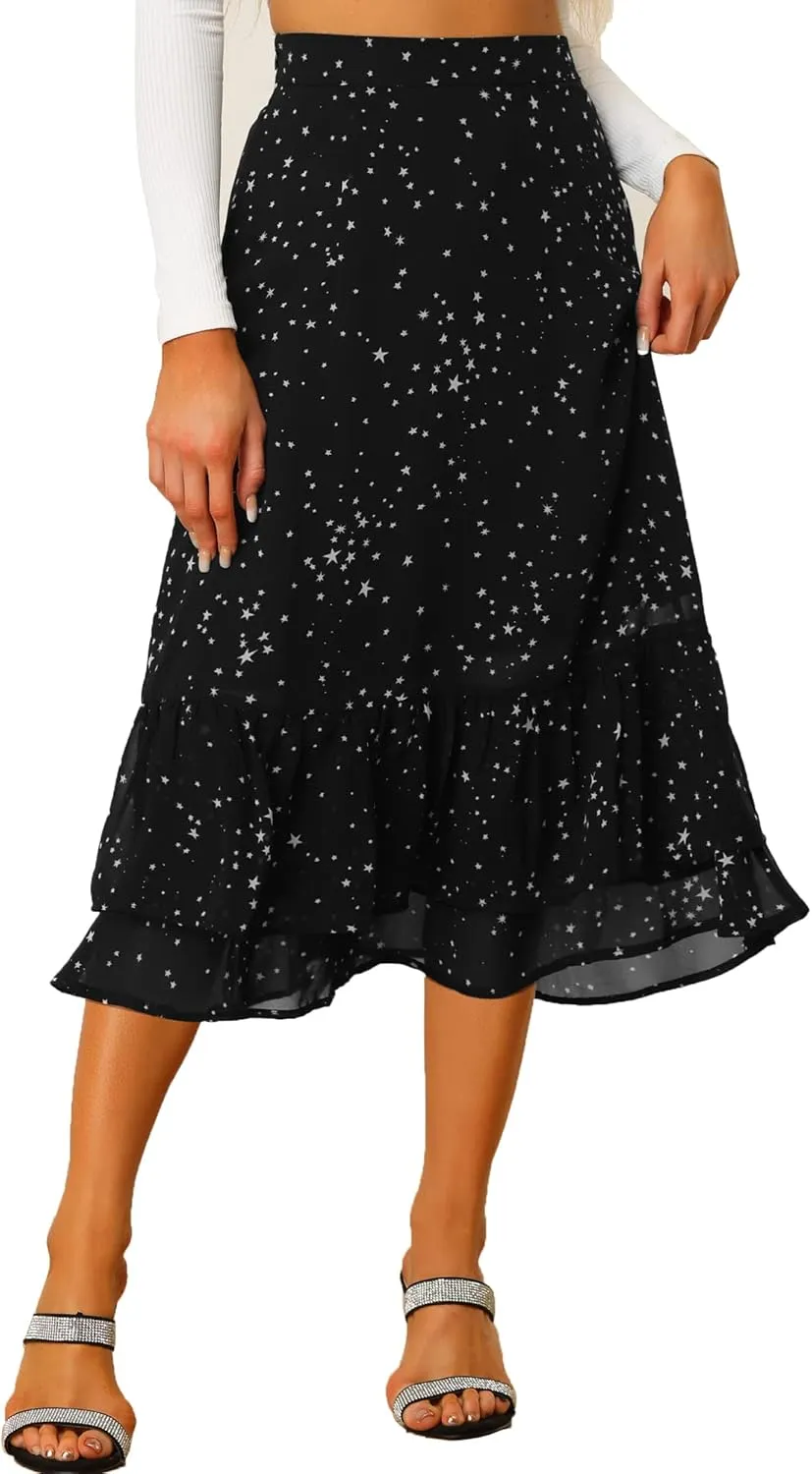 Allegra K Women's Printed Skirt 2025 Trendy Spring Summer Chiffon Elastic Ruffle Tiered Flowy Midi Skirts