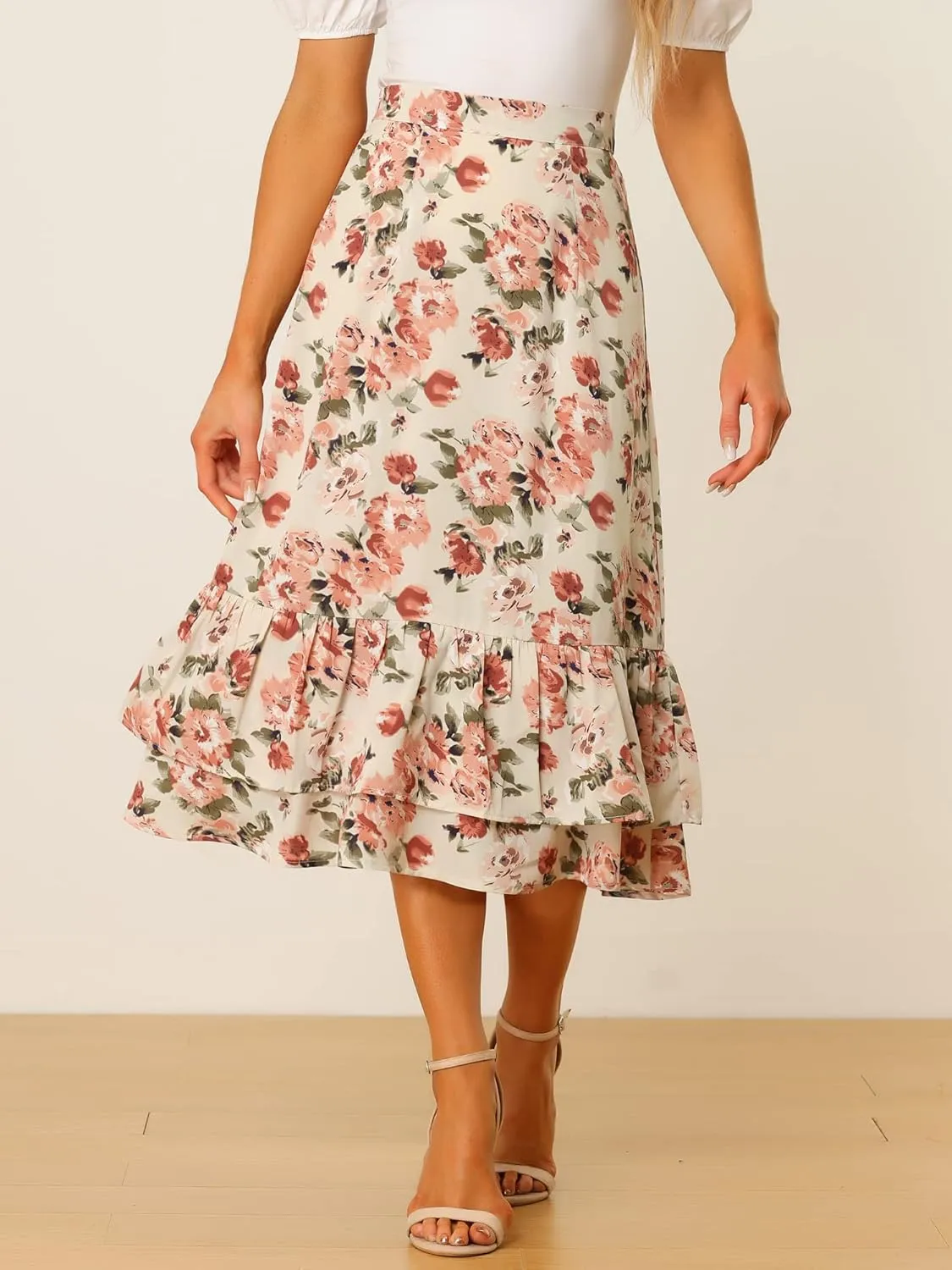 Allegra K Women's Printed Skirt 2025 Trendy Spring Summer Chiffon Elastic Ruffle Tiered Flowy Midi Skirts