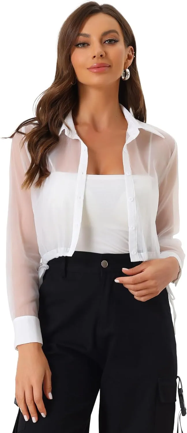 Allegra K Women's See Through Top Long Sleeve Drawstring Hem Button Down Cropped Mesh Sheer Jacket