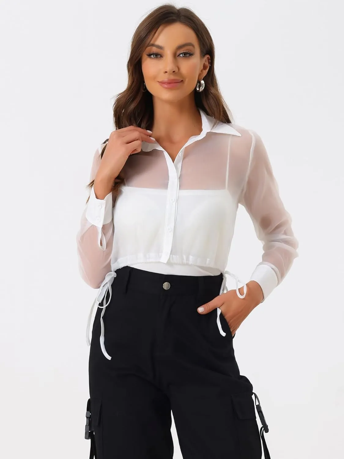 Allegra K Women's See Through Top Long Sleeve Drawstring Hem Button Down Cropped Mesh Sheer Jacket