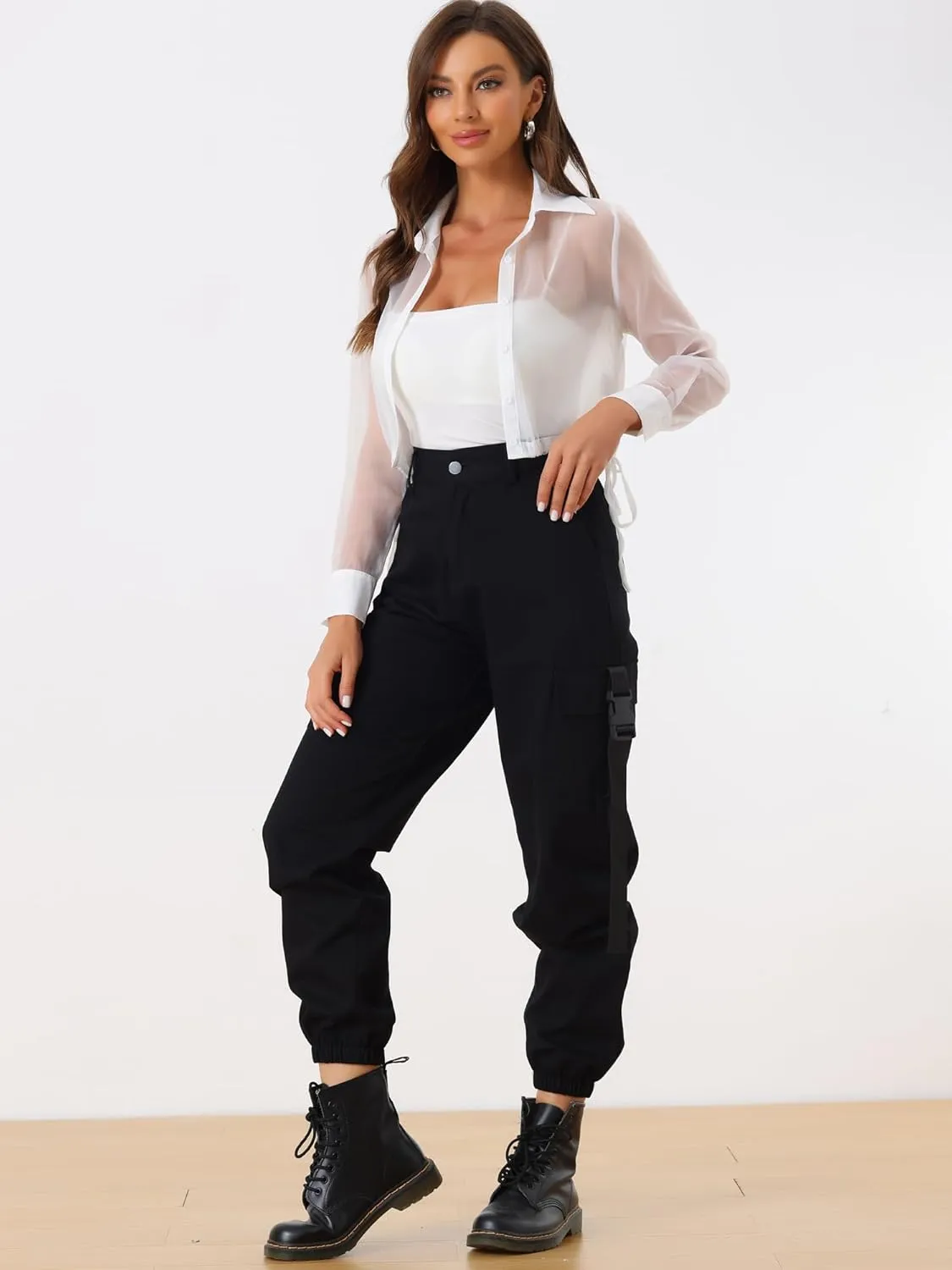 Allegra K Women's See Through Top Long Sleeve Drawstring Hem Button Down Cropped Mesh Sheer Jacket