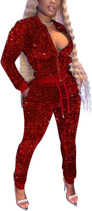 Alunzoem Jogging Suits for Women 2 Piece Outfits Velvet Sequin Long Sleeve Zipper Jacket Jogger Pants Tracksuit Set