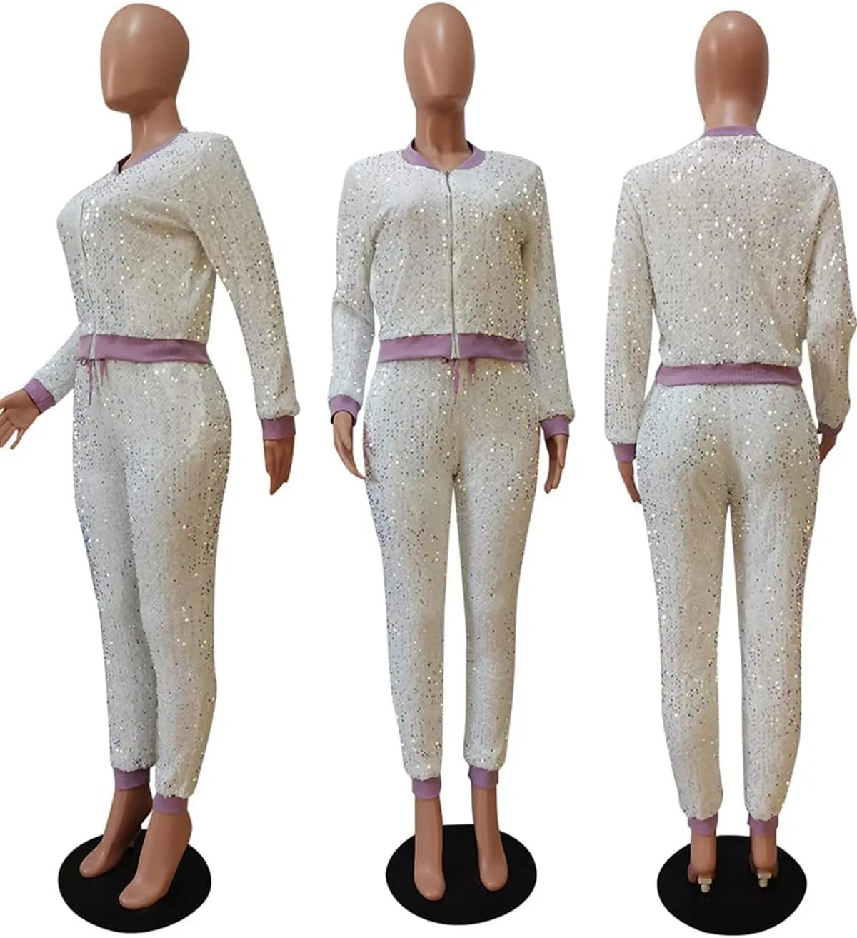 Alunzoem Jogging Suits for Women 2 Piece Outfits Velvet Sequin Long Sleeve Zipper Jacket Jogger Pants Tracksuit Set