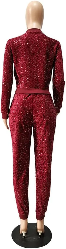 Alunzoem Jogging Suits for Women 2 Piece Outfits Velvet Sequin Long Sleeve Zipper Jacket Jogger Pants Tracksuit Set