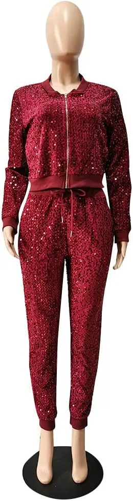 Alunzoem Jogging Suits for Women 2 Piece Outfits Velvet Sequin Long Sleeve Zipper Jacket Jogger Pants Tracksuit Set