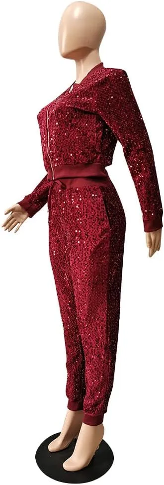 Alunzoem Jogging Suits for Women 2 Piece Outfits Velvet Sequin Long Sleeve Zipper Jacket Jogger Pants Tracksuit Set