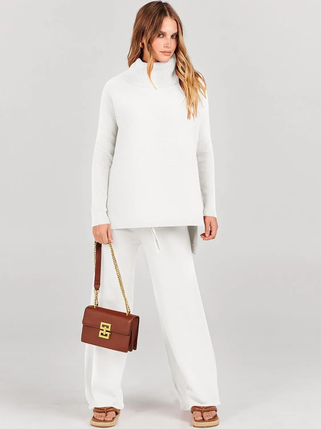 ANRABESS Women Two Piece Outfits Oversized Turtleneck Knit Pullover Sweater Top Wide Leg Pants Lounge Set Sweatsuit 2025 Fall