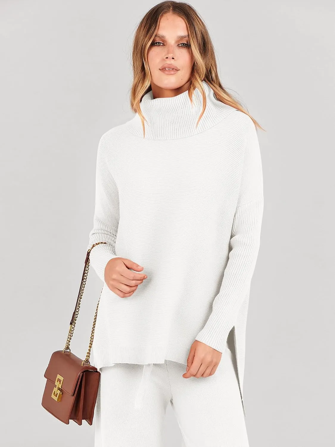 ANRABESS Women Two Piece Outfits Oversized Turtleneck Knit Pullover Sweater Top Wide Leg Pants Lounge Set Sweatsuit 2025 Fall
