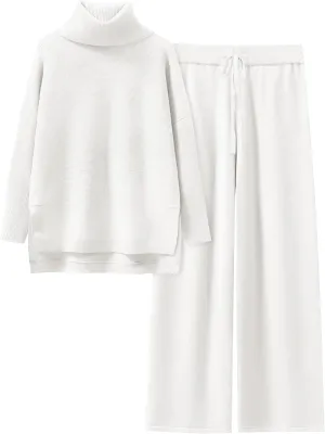 ANRABESS Women Two Piece Outfits Oversized Turtleneck Knit Pullover Sweater Top Wide Leg Pants Lounge Set Sweatsuit 2025 Fall