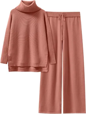 ANRABESS Women Two Piece Outfits Oversized Turtleneck Knit Pullover Sweater Top Wide Leg Pants Lounge Set Sweatsuit 2025 Fall