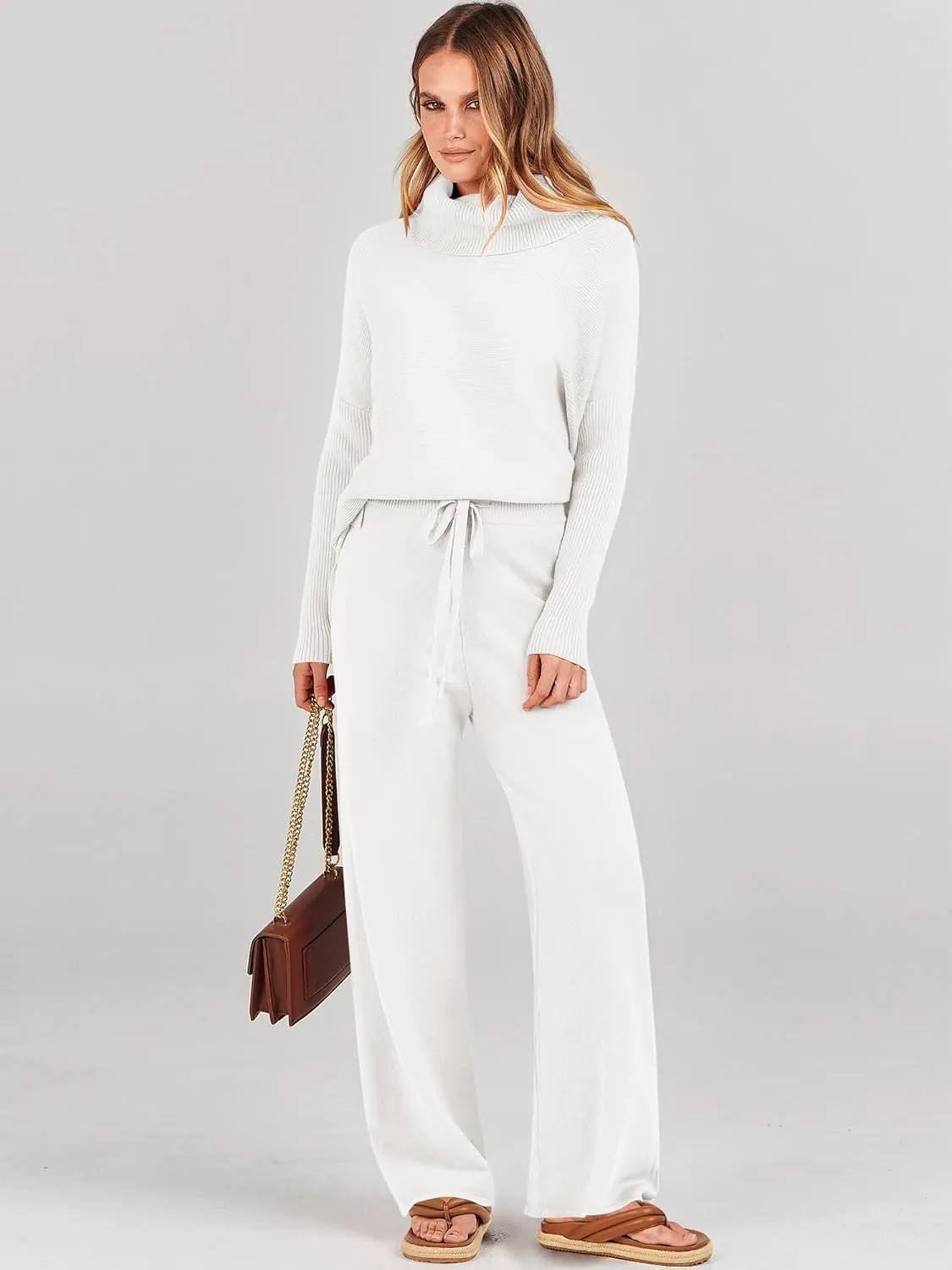 ANRABESS Women Two Piece Outfits Oversized Turtleneck Knit Pullover Sweater Top Wide Leg Pants Lounge Set Sweatsuit 2025 Fall