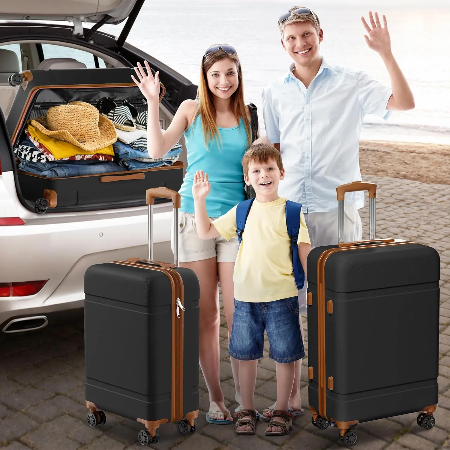 ANSSO Luggage Sets 3 piece Hardshell ABS Family Travel Lightweight Suitcase Sets with Spinner Wheels 20/24/28 Inch Black