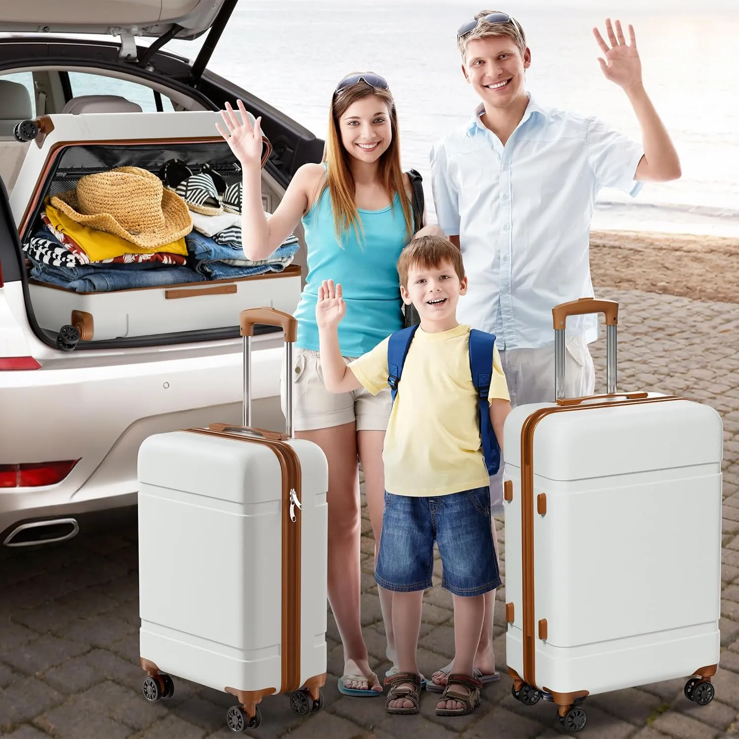 ANSSO Luggage Sets 3 piece Hardshell ABS Family Travel Lightweight Suitcase Sets with Spinner Wheels 20/24/28 Inch White