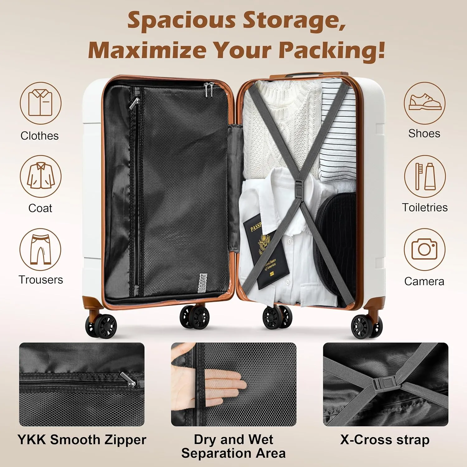 ANSSO Luggage Sets 3 piece Hardshell ABS Family Travel Lightweight Suitcase Sets with Spinner Wheels 20/24/28 Inch White