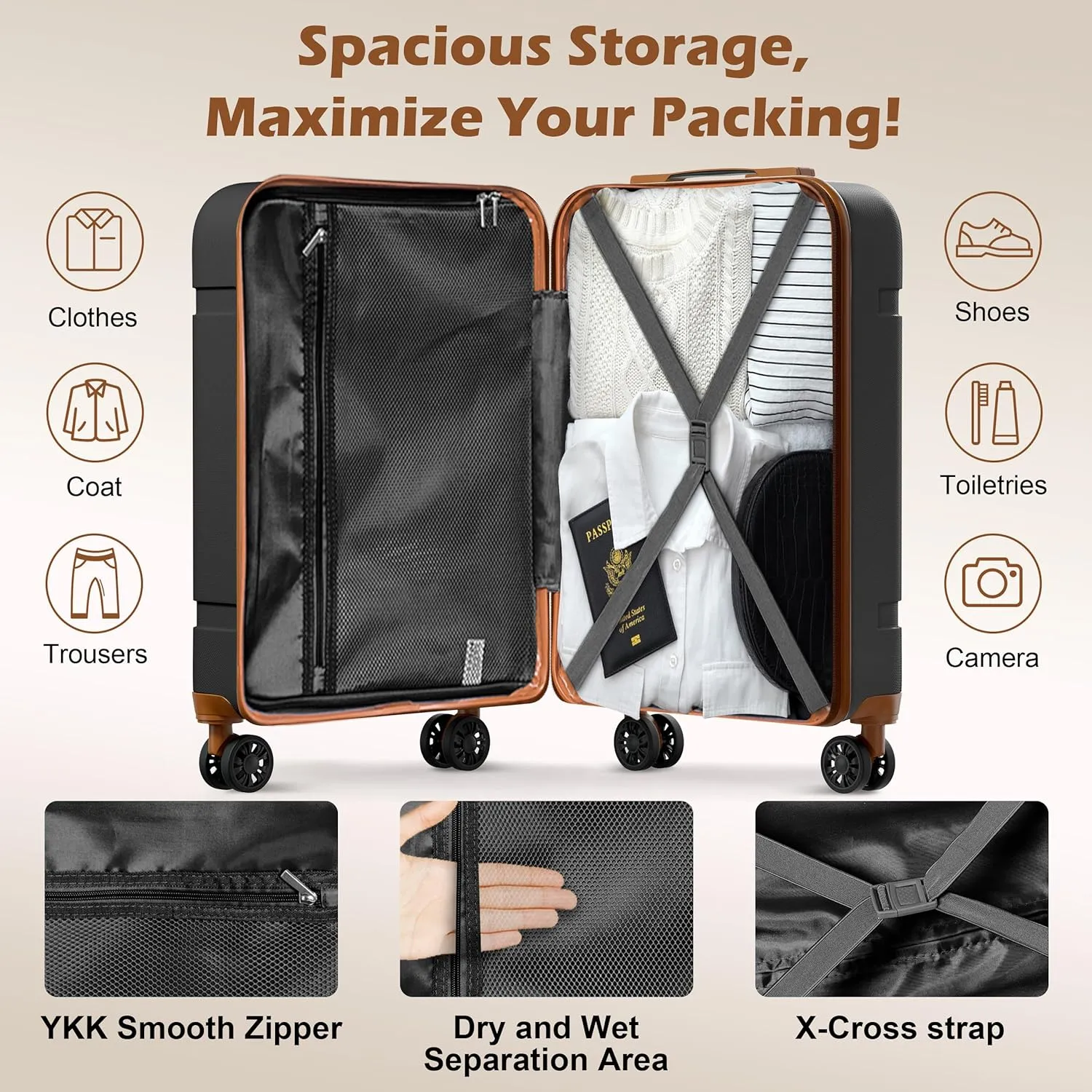 ANSSO Suitcase Carry On Luggage 22x14x9 Airline Approved Hardshell ABS Travel Suitcase Luggage with Spinner Wheels 20 Inch Black