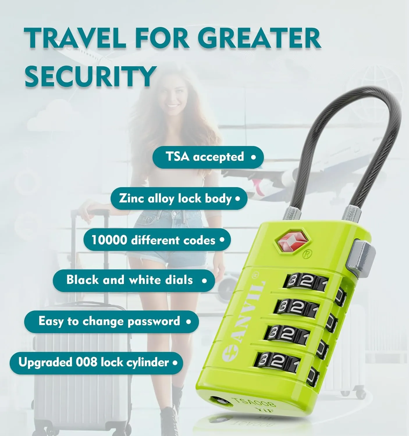 ANVIL 4 Digit Luggage Locks, TSA Locks for Luggage, Advanced TSA008 core, Alert Indicator for Your Travel Lock, Suitcase Lock. (2, Grass Green)