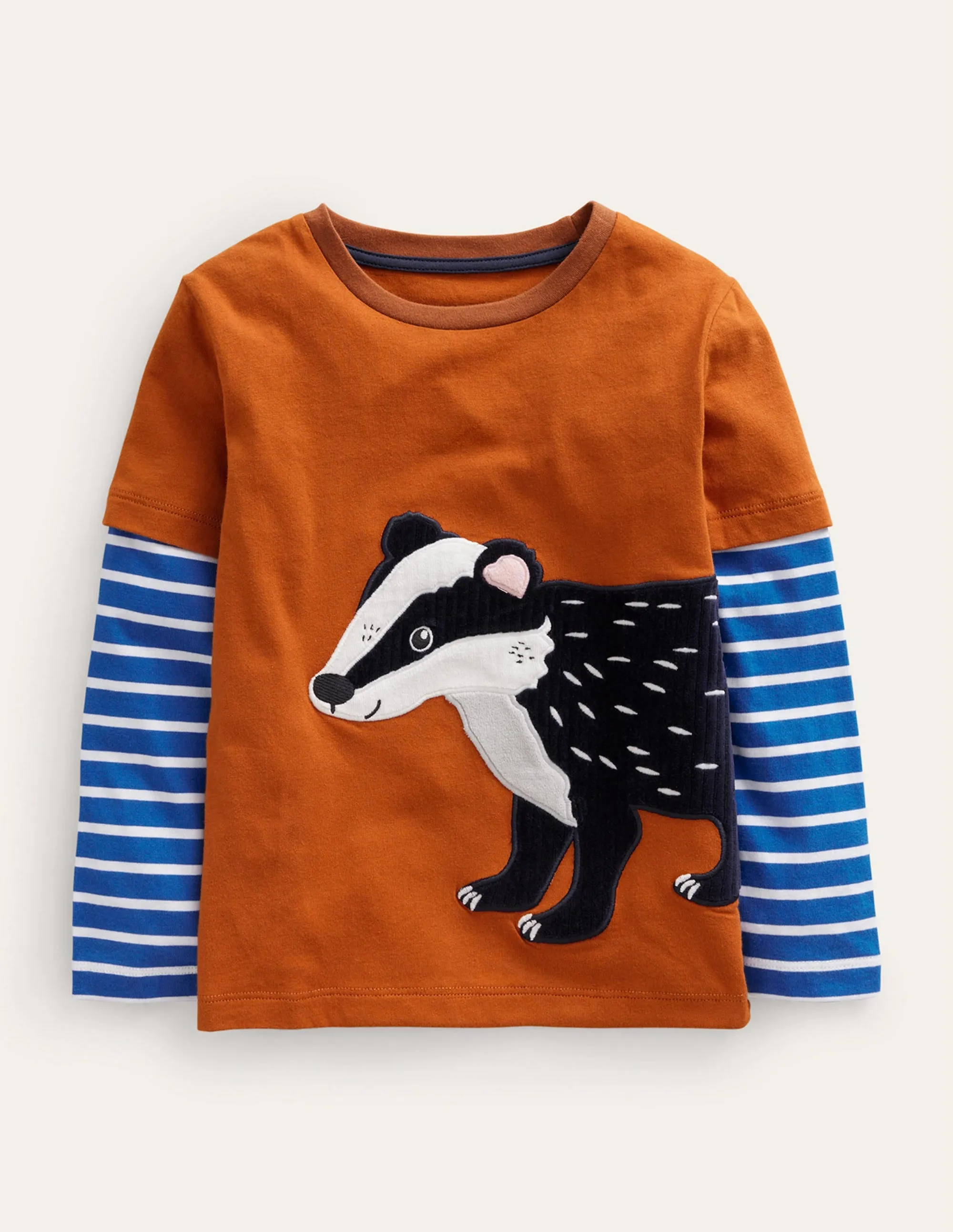 Appliqué Mock Sleeve T-Shirt-Autumn Orange Badger