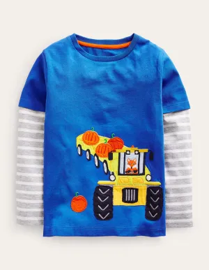 Appliqué Mock Sleeve T-Shirt-Delft Blue