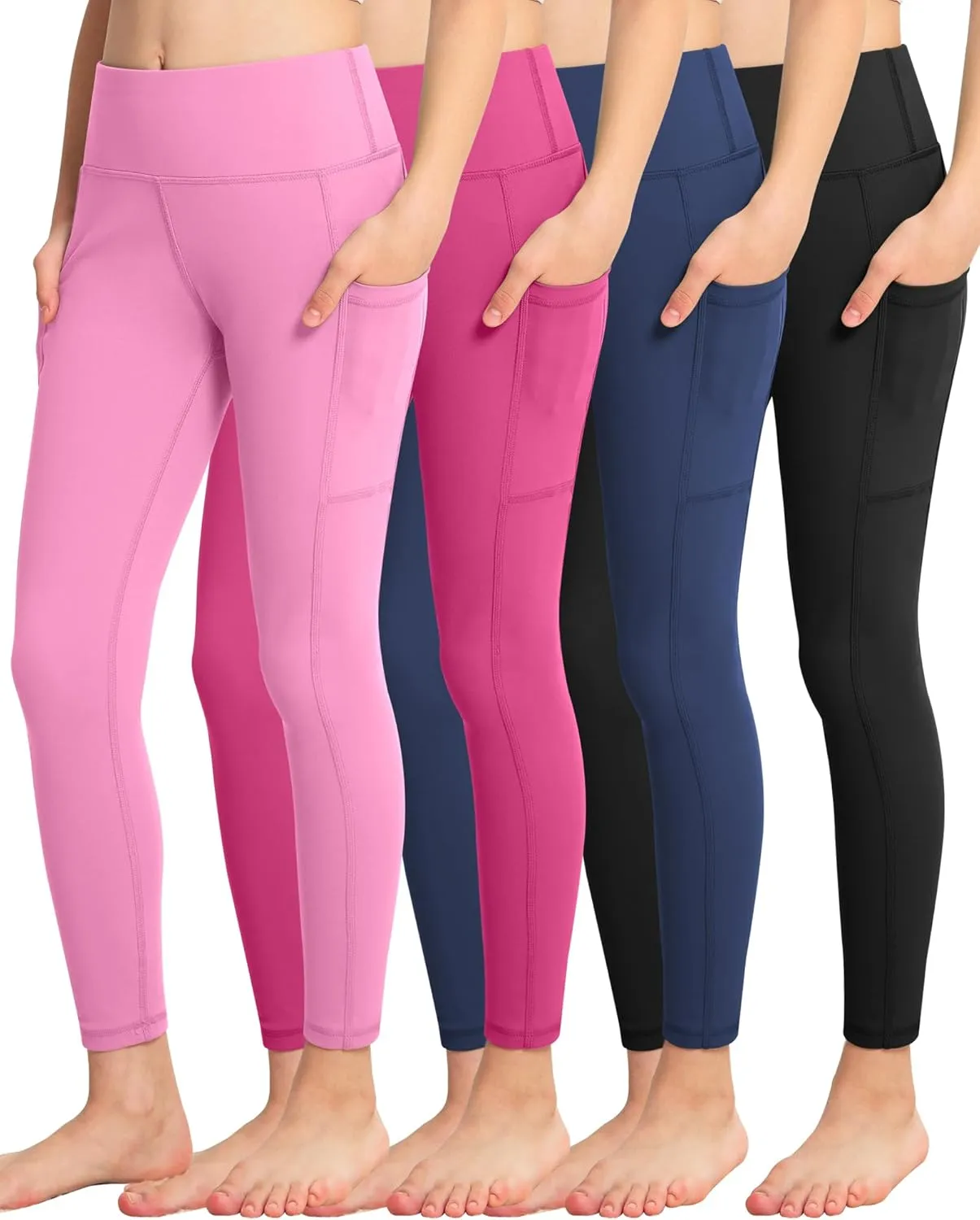 ATHVOTAR Girls Leggings with Pockets: High Waisted Yoga Workout Athletic Dance Running Pants 4 Packs