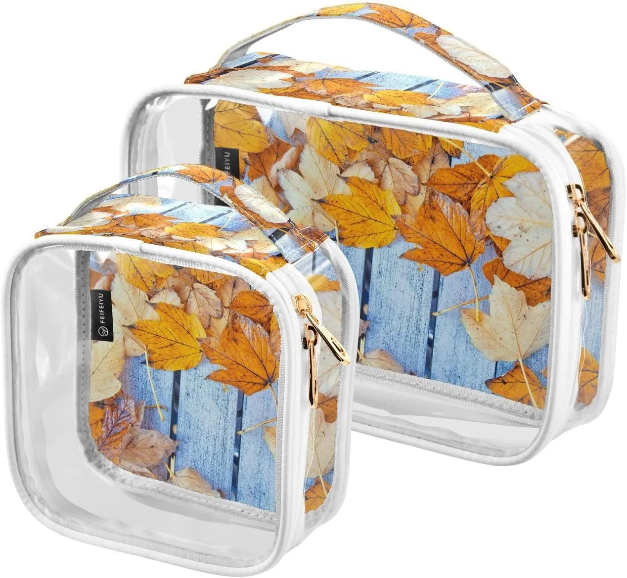 Autumn-background 2 Pack Clear Toiletry Bag Women Men, Portable Waterproof Clear Pouch, Cosmetic Bag with Double Zippers Large Opening Traveling with Handle for Bathroom Traveling Vacation Organizing