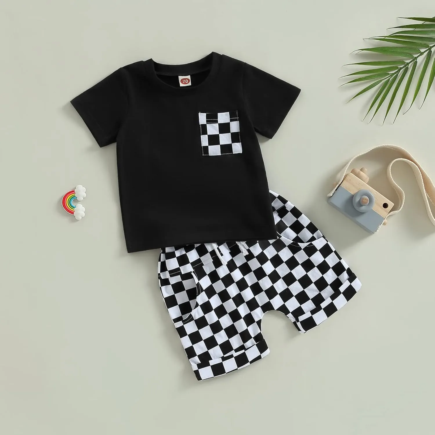Baby Boy Girl Summer Outfits Checkerboard Short Sleeve T-Shirt Elastic Waist Shorts Set Toddler Checkered Outfit