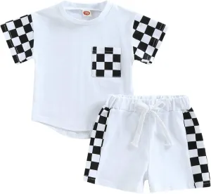 Baby Boy Girl Summer Outfits Checkerboard Short Sleeve T-Shirt Elastic Waist Shorts Set Toddler Checkered Outfit