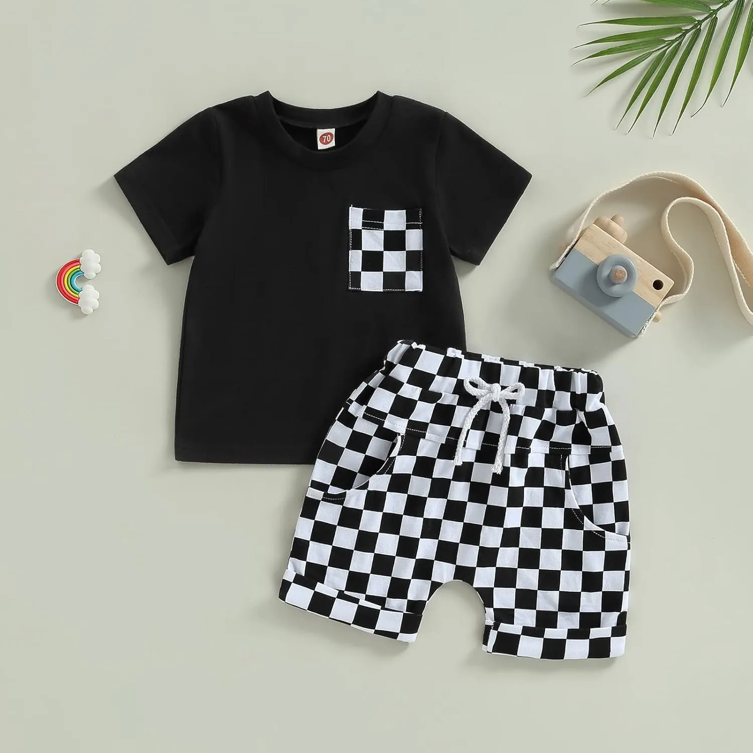 Baby Boy Girl Summer Outfits Checkerboard Short Sleeve T-Shirt Elastic Waist Shorts Set Toddler Checkered Outfit