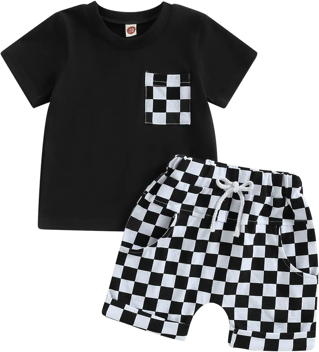 Baby Boy Girl Summer Outfits Checkerboard Short Sleeve T-Shirt Elastic Waist Shorts Set Toddler Checkered Outfit