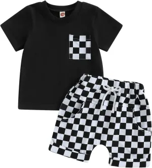 Baby Boy Girl Summer Outfits Checkerboard Short Sleeve T-Shirt Elastic Waist Shorts Set Toddler Checkered Outfit