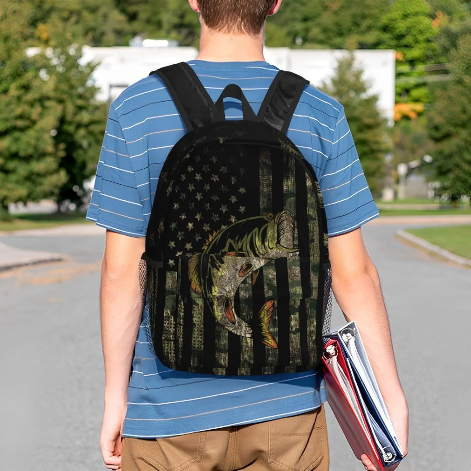Bass Fishing Camo Camouflage American Flag Green Black Backpack For Teenage Girls And Boys Cute Kids Backpacks Children School Bag